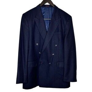 Christopher Brooks Mens Wool Double Breasted Blazer 44L Navy Blue Pinstripe